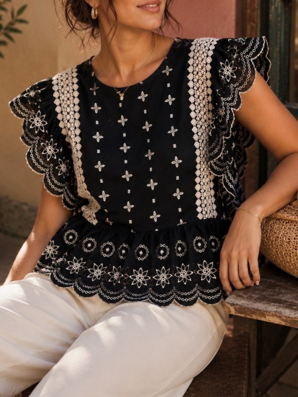 Jennifer & Grace 100% Cotton Embroidered Peplum Top Size L